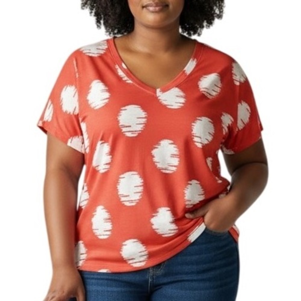 Chicos V Neck Short Sleeve Polka Dot T Shirt Top Womens Sz 2 Us 10 Orange White